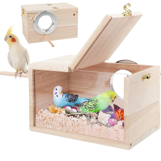 Parakeet Nesting Box Transparent Design,  Bird Nest Breeding Box with  Wood Bird Cage House for Cockatiel Lovebirds  Finch Parrotlets Canary （12*12*19.5）