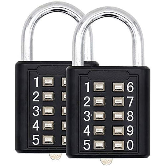 2 pack 10 Digit Push Button Combination Padlock, 5 Digit Locking Mechanism, Easy to Read Numbers - Resettable and Cut Proof Combo Code(2 Black)