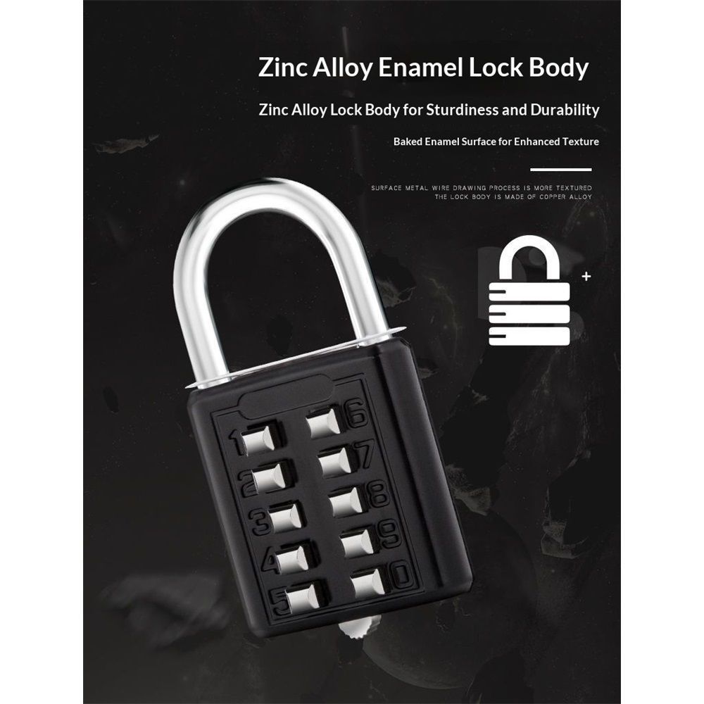 2 pack 10 Digit Push Button Combination Padlock, 5 Digit Locking Mechanism, Easy to Read Numbers - Resettable and Cut Proof Combo Code(2 Black)