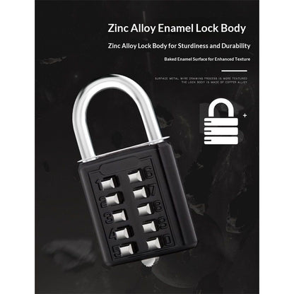 2 pack 10 Digit Push Button Combination Padlock, 5 Digit Locking Mechanism, Easy to Read Numbers - Resettable and Cut Proof Combo Code(2 Black)
