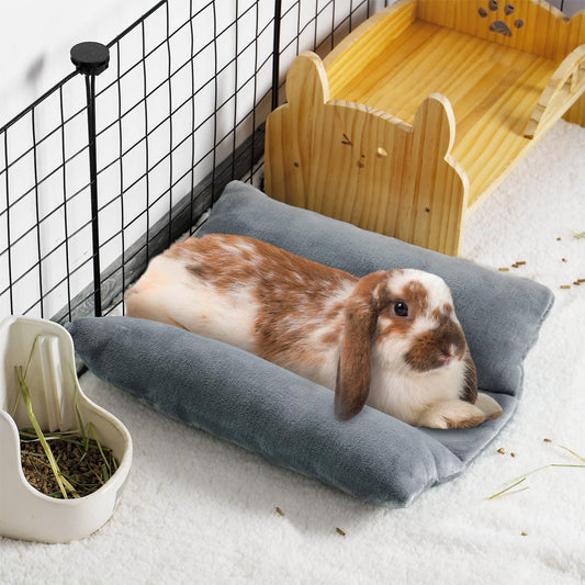 Bunny Bed for Rabbit Cage - Thickened Soft Prevent Sore Hocks Plush Mat with Cotton Lounger Pillows, Small Animal Flop Mat for Hutch Sleeping Indoor, Gray
