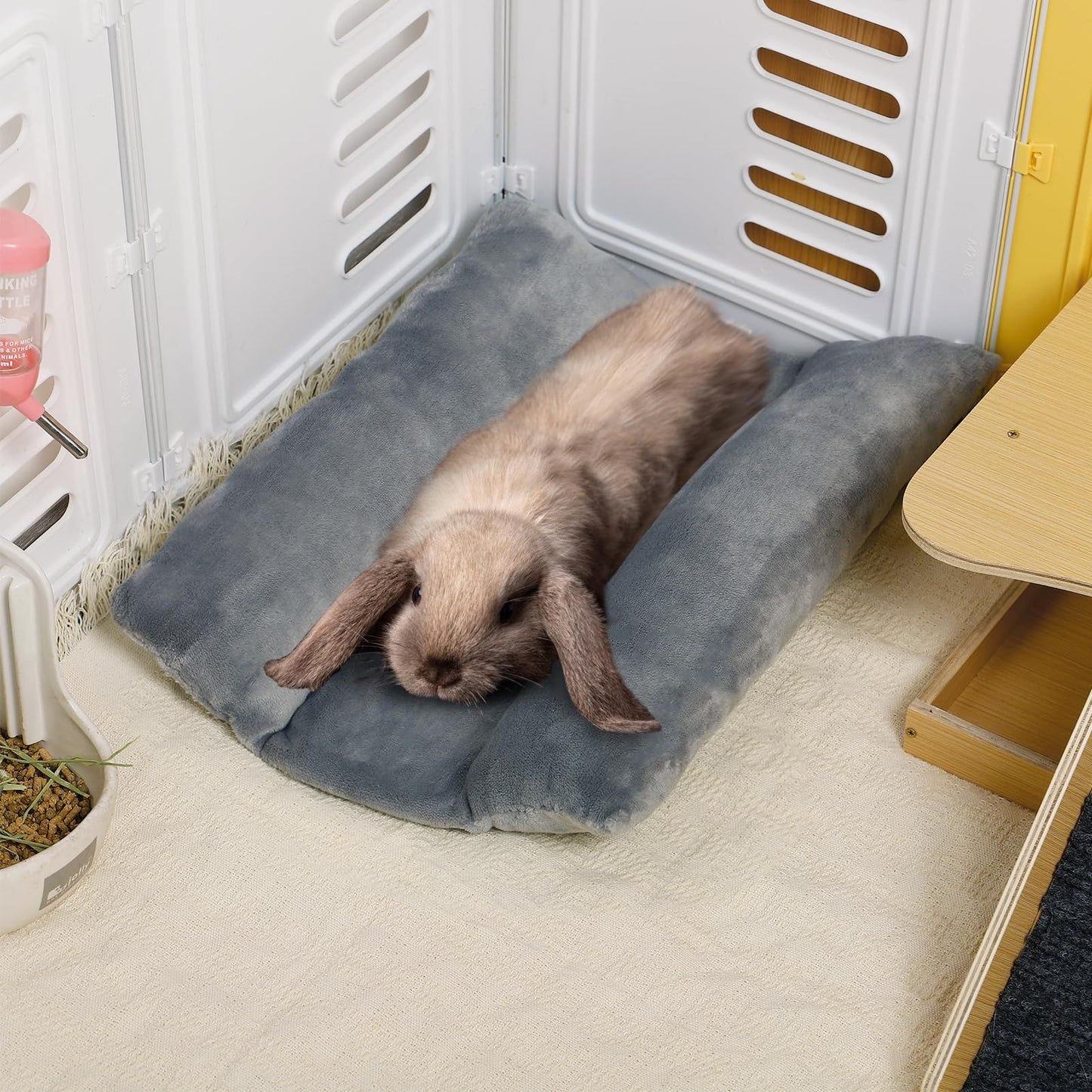 Bunny Bed for Rabbit Cage - Thickened Soft Prevent Sore Hocks Plush Mat with Cotton Lounger Pillows, Small Animal Flop Mat for Hutch Sleeping Indoor, Gray