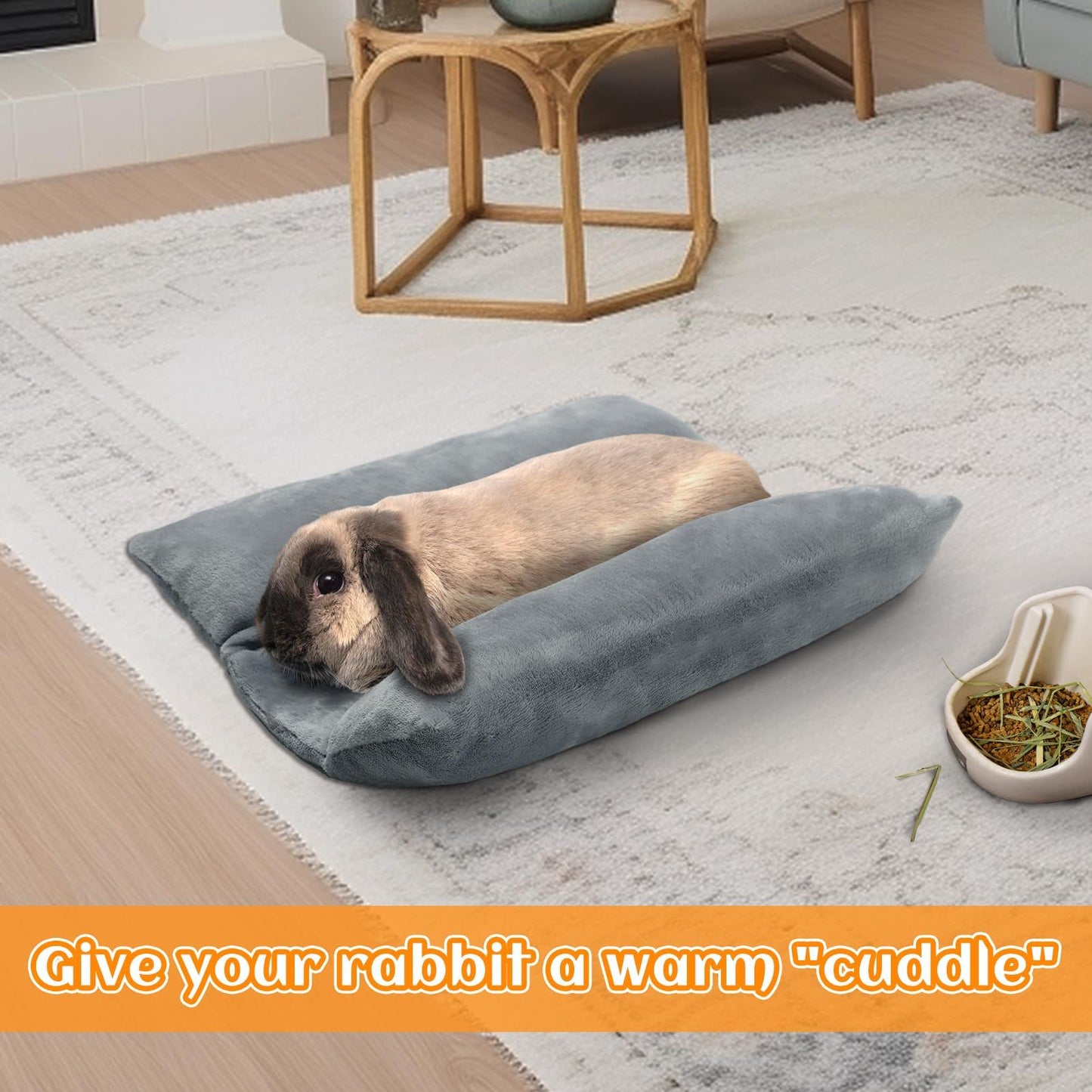Bunny Bed for Rabbit Cage - Thickened Soft Prevent Sore Hocks Plush Mat with Cotton Lounger Pillows, Small Animal Flop Mat for Hutch Sleeping Indoor, Gray