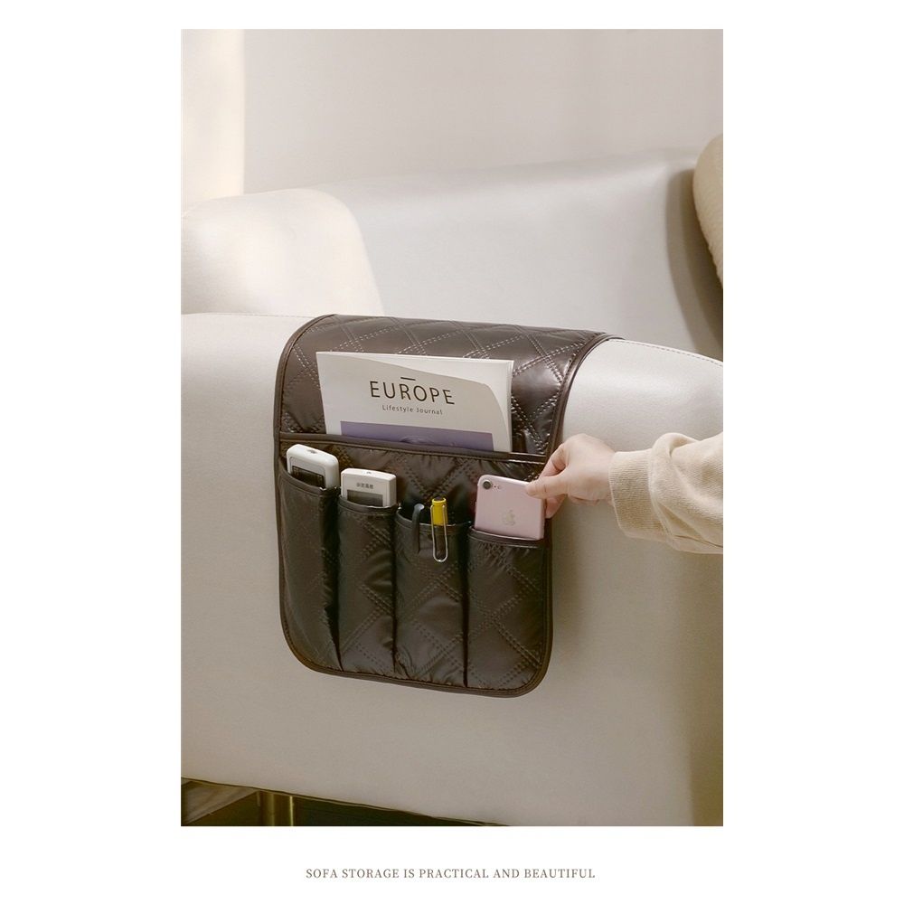 Armchair Caddy Couch Caddy Organizer Remote Control Holder Non-Slip Sofa Armrest Organizer Bedside Caddy with 5 Pockets for Cell Phone TV Remote Control Magazines （brown）