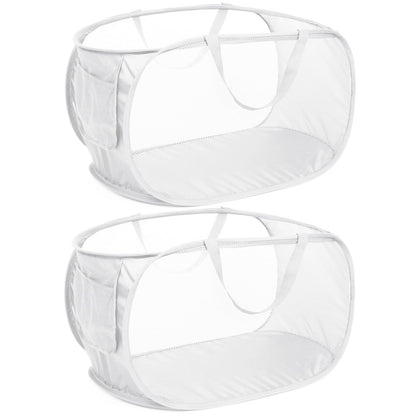 Collapsible Laundry Hamper with Side Pocket, Foldable Clothes Hamper with Durable Reinforced Handles for Laundry, Bathroom, Kids Room, Dorm or Travel 2 Pack White