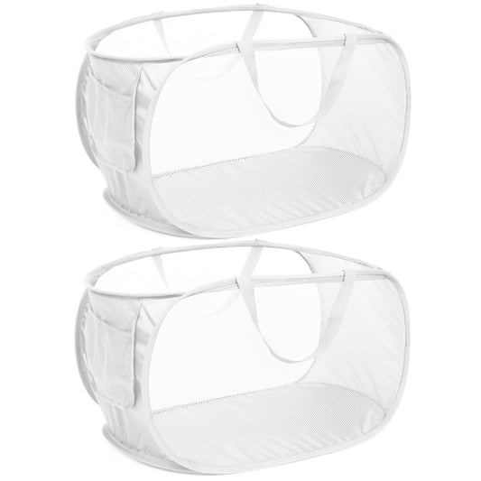 Collapsible Laundry Hamper with Side Pocket, Foldable Clothes Hamper with Durable Reinforced Handles for Laundry, Bathroom, Kids Room, Dorm or Travel 2 Pack White