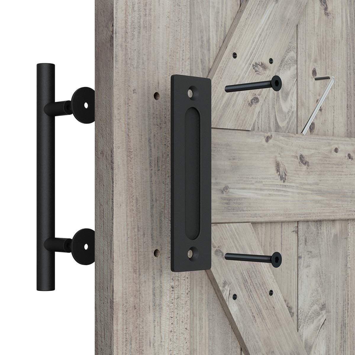18cm Heavy Duty Sliding Barn Door Handle, Pull and Flush Hardware Set, Black Powder Coated Finish, Large Rustic Two-Side Design, Round