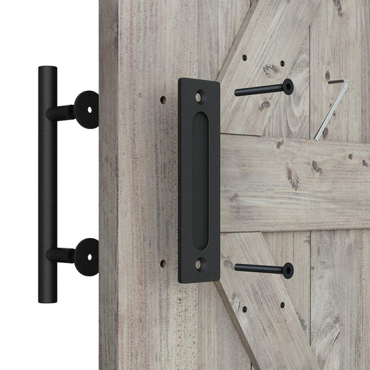 18cm Heavy Duty Sliding Barn Door Handle, Pull and Flush Hardware Set, Black Powder Coated Finish, Large Rustic Two-Side Design, Round