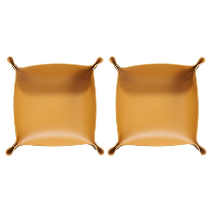 2pcs PU Leather Tray Unisex Folding Small Catchall Tray Portable Entryway Table Tray Nightstand Bedside Desk Tray for Key Wallet Watch Coin Jewelry Dice, Yellow