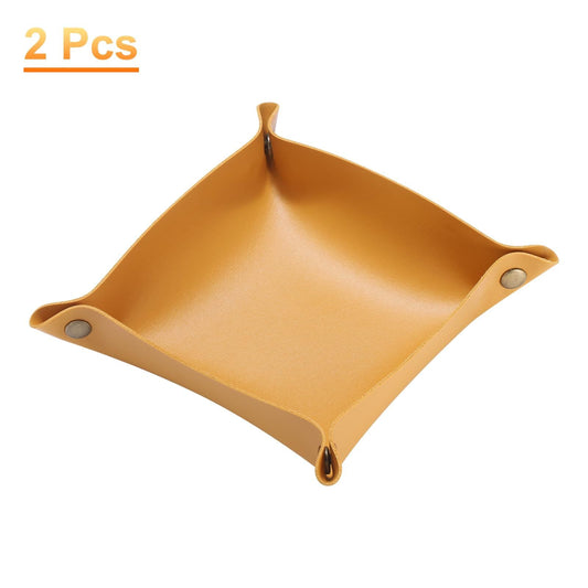 2pcs PU Leather Tray Unisex Folding Small Catchall Tray Portable Entryway Table Tray Nightstand Bedside Desk Tray for Key Wallet Watch Coin Jewelry Dice, Yellow
