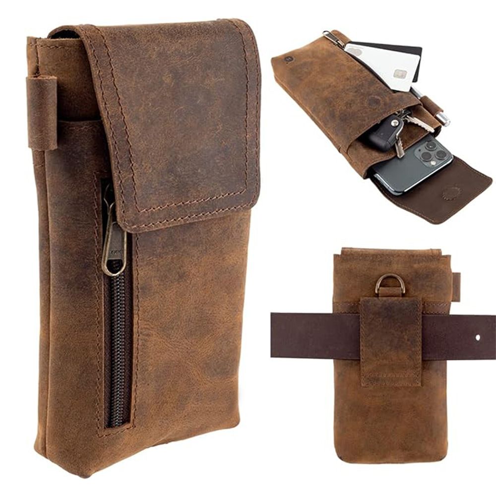 Phone Holster Case with Belt Clip Genuine Leather Belt Pouch Cell Phone Holder Premium Leather Pouch with Belt Clip Phone Holster Belt Case, Brown