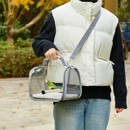 Long tailed parrot's small bird travel carrier cage, including tray and wooden standing sea bass, with external birdcage, small sun Xuan Feng portable bag（Grey small size）