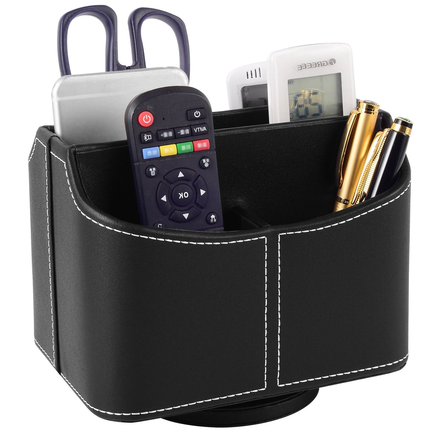 Remote Control Holder 360 Degrees Rotatable Desk Stationery Supply Organizer PU Leather Desktop Storage Box for Controllers Media Bedside Spinning TV Caddy iPad Mobile Pencil Cosmetic