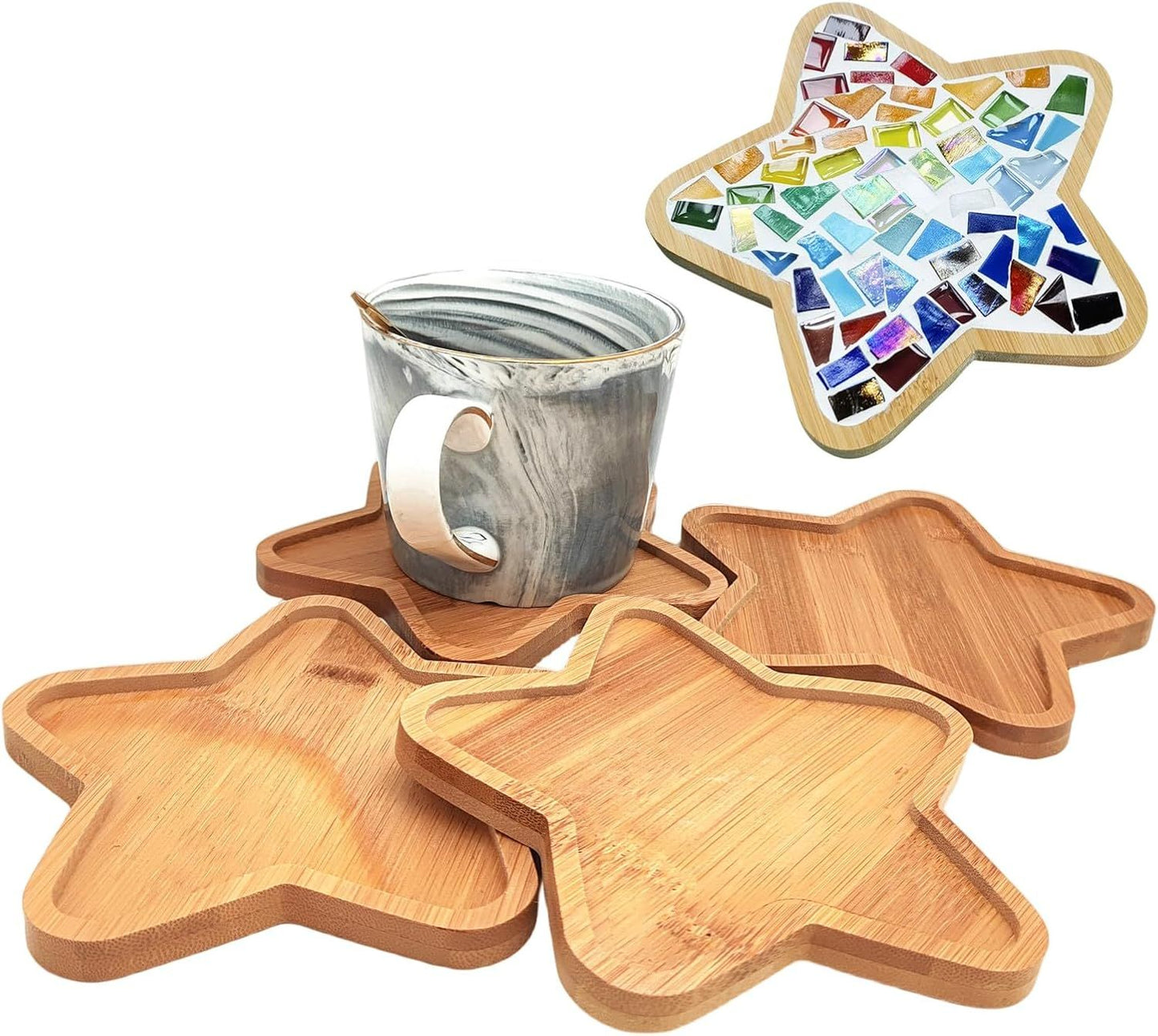 4PCS Mosaic Bamboo Coasters for Crafts, Blank Base Trays, Drinking Cup Coaster, Plant Coaster, Art Plate,DIY Mosaic Supplies (Star)