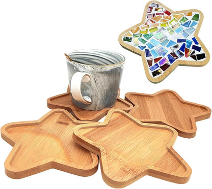 4PCS Mosaic Bamboo Coasters for Crafts, Blank Base Trays, Drinking Cup Coaster, Plant Coaster, Art Plate,DIY Mosaic Supplies (Star)