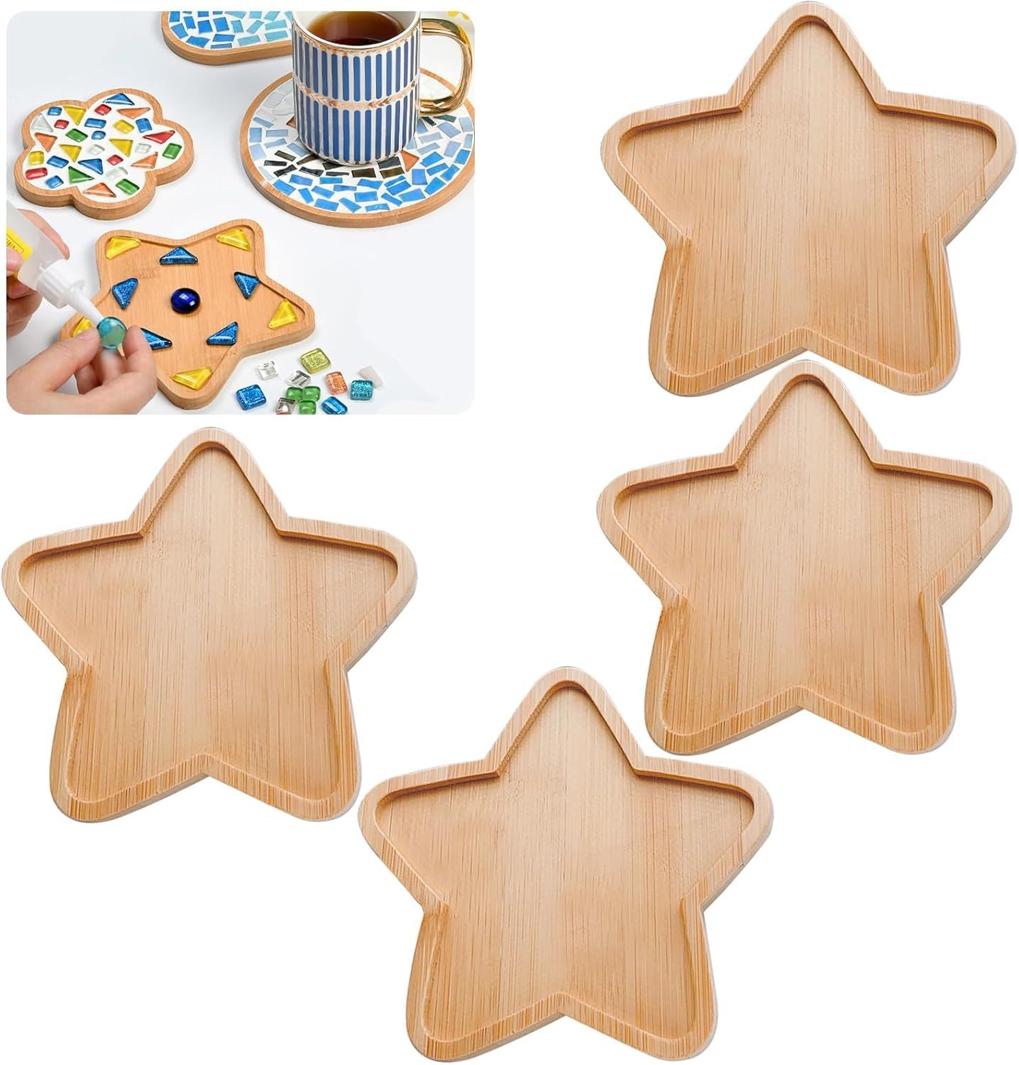 4PCS Mosaic Bamboo Coasters for Crafts, Blank Base Trays, Drinking Cup Coaster, Plant Coaster, Art Plate,DIY Mosaic Supplies (Star)