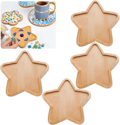 4PCS Mosaic Bamboo Coasters for Crafts, Blank Base Trays, Drinking Cup Coaster, Plant Coaster, Art Plate,DIY Mosaic Supplies (Star)