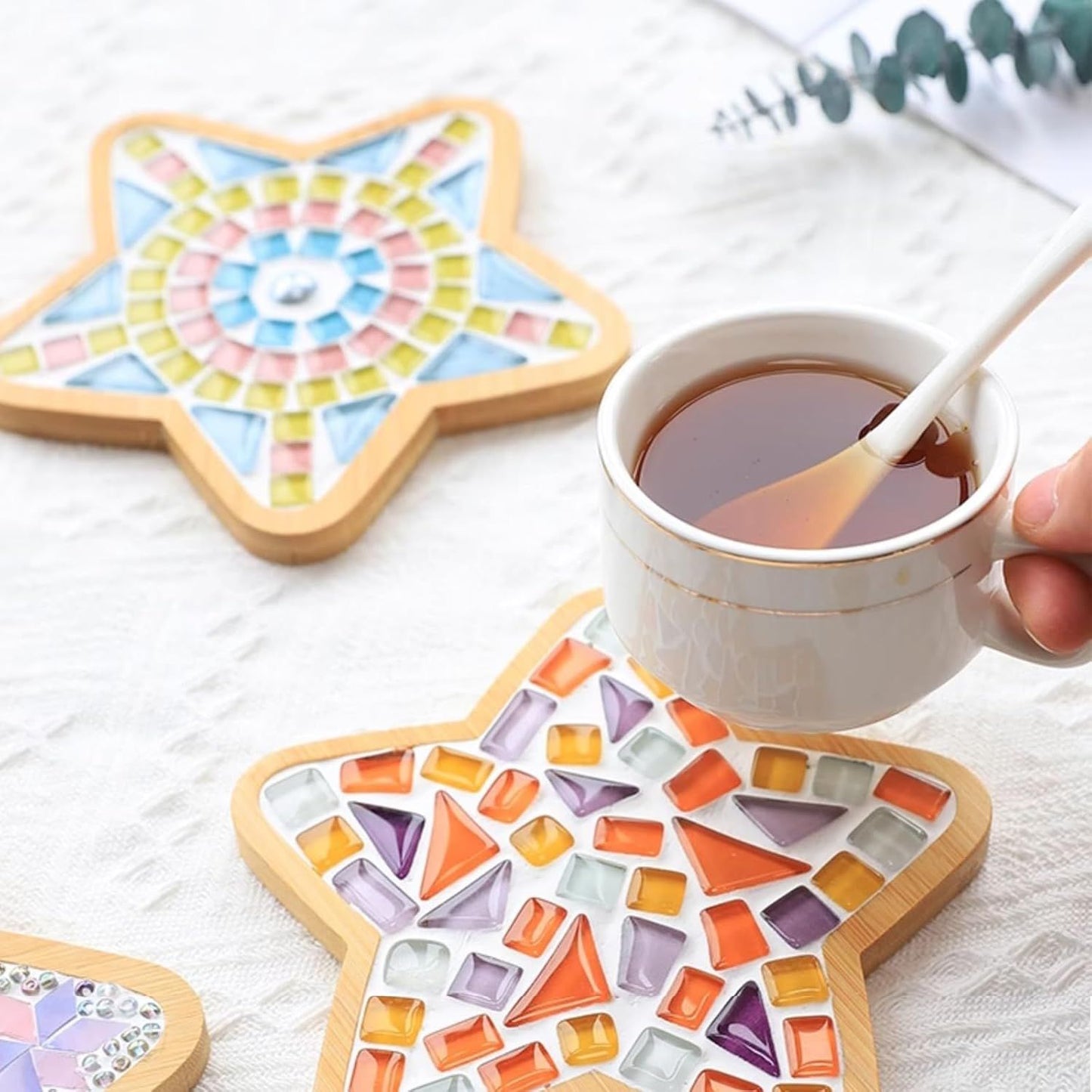 4PCS Mosaic Bamboo Coasters for Crafts, Blank Base Trays, Drinking Cup Coaster, Plant Coaster, Art Plate,DIY Mosaic Supplies (Star)
