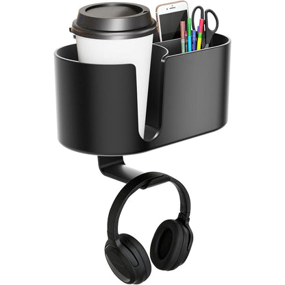 4 in 1 Desk Cup Holder - Clamp on Under Desk Headphone Hanger - Rotating Headphone Holder Detachable Pen Cup Holder Desktop Storage for Cup, Phone and Pen(Black)