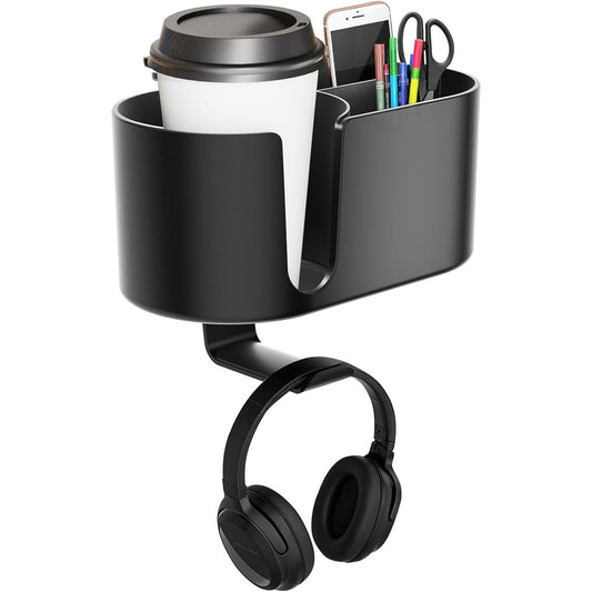 4 in 1 Desk Cup Holder - Clamp on Under Desk Headphone Hanger - Rotating Headphone Holder Detachable Pen Cup Holder Desktop Storage for Cup, Phone and Pen(Black)