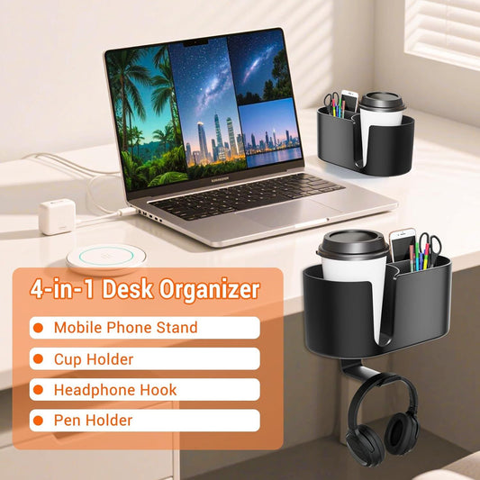4 in 1 Desk Cup Holder - Clamp on Under Desk Headphone Hanger - Rotating Headphone Holder Detachable Pen Cup Holder Desktop Storage for Cup, Phone and Pen(Black)