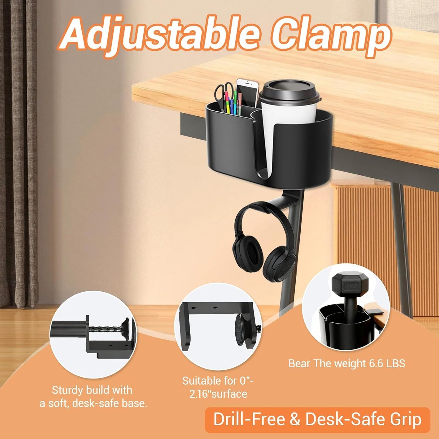 4 in 1 Desk Cup Holder - Clamp on Under Desk Headphone Hanger - Rotating Headphone Holder Detachable Pen Cup Holder Desktop Storage for Cup, Phone and Pen(Black)