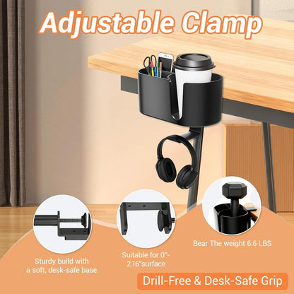 4 in 1 Desk Cup Holder - Clamp on Under Desk Headphone Hanger - Rotating Headphone Holder Detachable Pen Cup Holder Desktop Storage for Cup, Phone and Pen(Black)