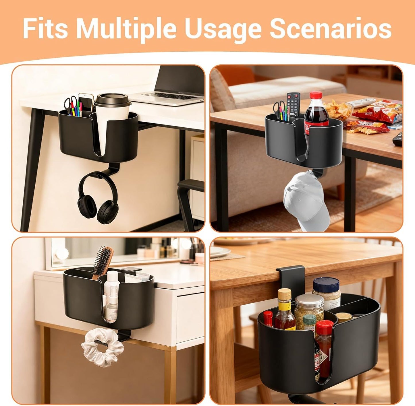 4 in 1 Desk Cup Holder - Clamp on Under Desk Headphone Hanger - Rotating Headphone Holder Detachable Pen Cup Holder Desktop Storage for Cup, Phone and Pen(Black)