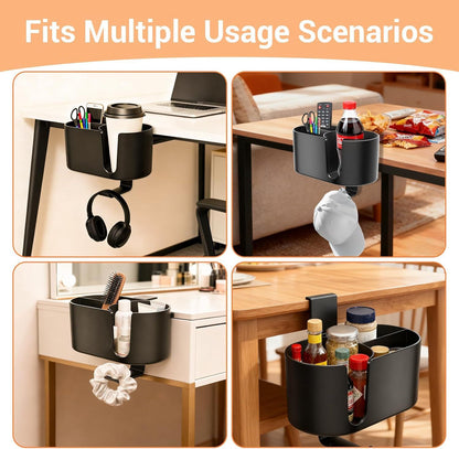 4 in 1 Desk Cup Holder - Clamp on Under Desk Headphone Hanger - Rotating Headphone Holder Detachable Pen Cup Holder Desktop Storage for Cup, Phone and Pen(Black)