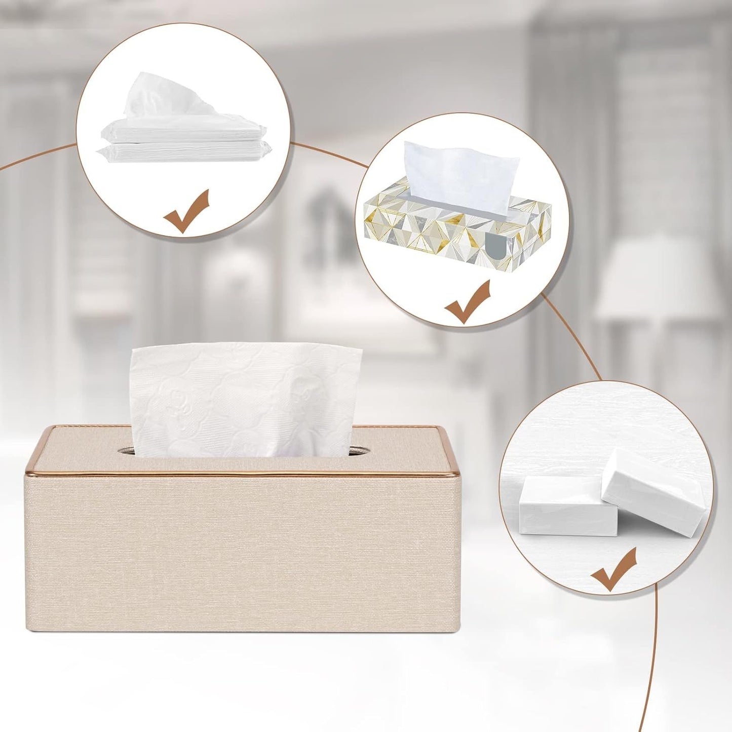 Fashion Leather Tissue Box Holder,Rectangular Tissue Box Cover for Bathroom Dresser Night Stand,Napkin Box Drawer Paper Dispenser,Home Office car Tissue Holder with Magnetic Bottom (Beige)