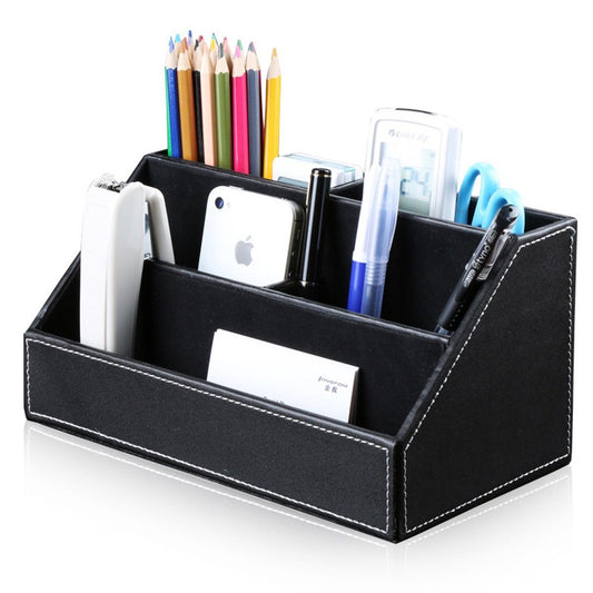 Pu Leather Desk Organizer with 5 Compartments Holder, Multi-Functional Office Supplies Storage Caddy for Pen/Pencil, Phones, Remote Controller and Desktop Accessorie Black（Only storage box）