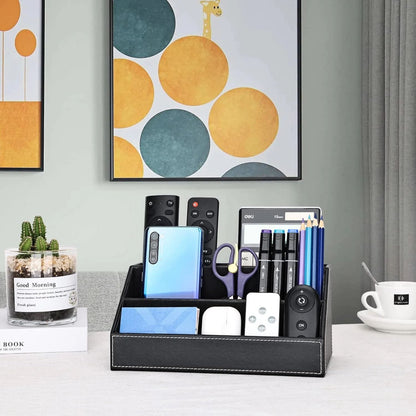 Pu Leather Desk Organizer with 5 Compartments Holder, Multi-Functional Office Supplies Storage Caddy for Pen/Pencil, Phones, Remote Controller and Desktop Accessorie Black（Only storage box）