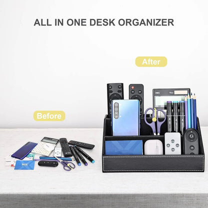 Pu Leather Desk Organizer with 5 Compartments Holder, Multi-Functional Office Supplies Storage Caddy for Pen/Pencil, Phones, Remote Controller and Desktop Accessorie Black（Only storage box）