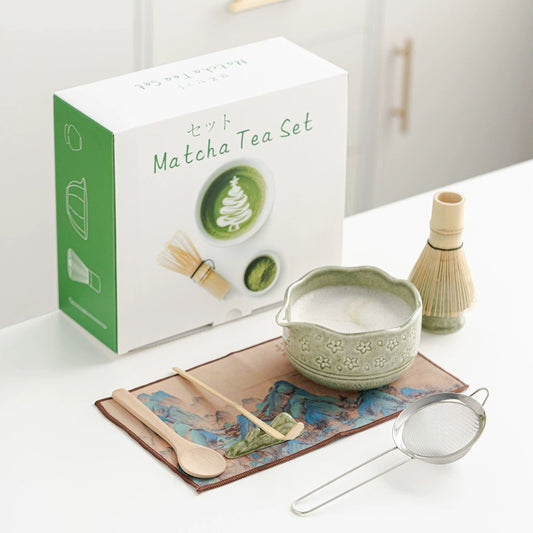 Matcha Whisk Set, Ceramic Matcha Kit Set Includes Matcha Bowl, and Holder, Bamboo Scoop, Scoop Rest, Sifter and Tea Towel - 8 Pcs Matcha Kit for Matcha Lovers (Mottled Green)