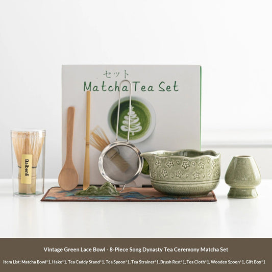 Matcha Whisk Set, Ceramic Matcha Kit Set Includes Matcha Bowl, and Holder, Bamboo Scoop, Scoop Rest, Sifter and Tea Towel - 8 Pcs Matcha Kit for Matcha Lovers (Mottled Green)