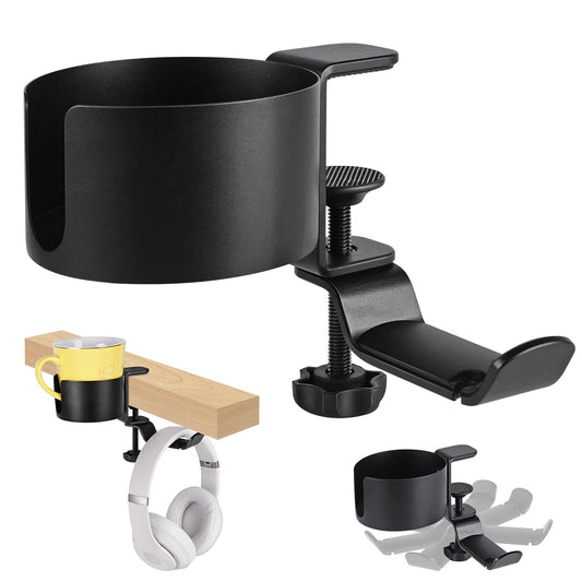 2 in 1 Desk Cup Holder with Headphone Hanger, Anti-Spill Cup Holder for Desk or Table, Easy to Install, Sturdy and Durable, Enough to Hold Coffee Mups, Water Bottles, Headphones