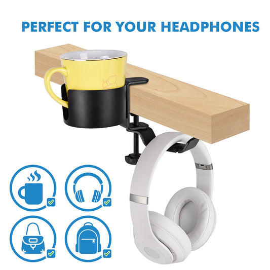 2 in 1 Desk Cup Holder with Headphone Hanger, Anti-Spill Cup Holder for Desk or Table, Easy to Install, Sturdy and Durable, Enough to Hold Coffee Mups, Water Bottles, Headphones