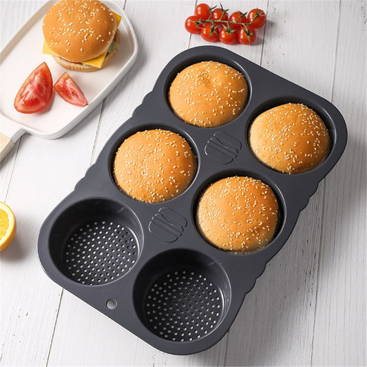 Hamburger Bun Mold, Hamburger Bun Pans for Baking, Burger Bun Pans Nonstick & Heat Resistant,Burger Buns pan, Silicone Homemade Hamburger Bread Mold,6 Cavity Silicone Pans Easy to Release