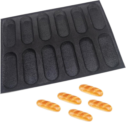 Silicone Bread Loaf Pan for Baking, Mini Baguette Bread Pan Perforated Hot Dog Bun Pan 12 Loaf Non Stick Baking Liners Mat
