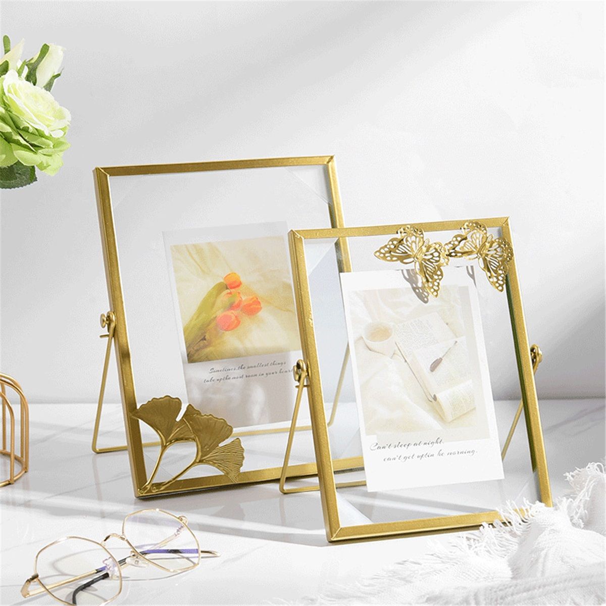 Set of 3 Glass Photo Frame Collection Simple Metal Geometric Picture Frame with Glass Cover Includes 4"" x 4"", 4"" x 6"", 5"" x 7""