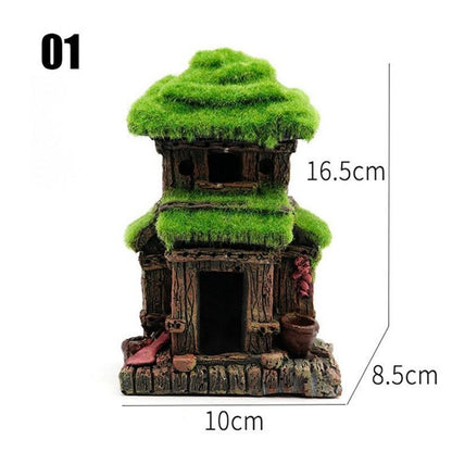 Fish House - Aquarium Decoration with Lifelike Moss, Comes Fish Tank Accessories witth Big Hole for Fish Sleep Rest Hide and Play