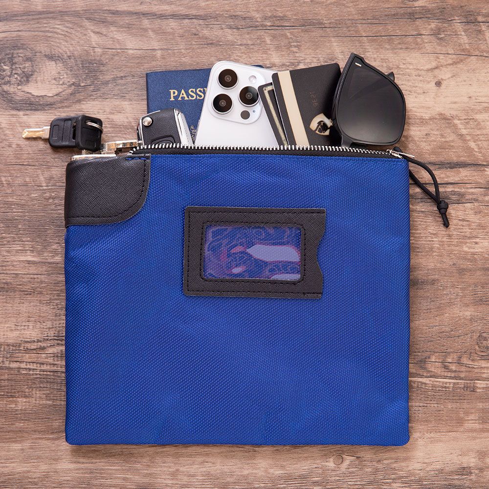 Locking Cash Bag with Keys  Bank Deposit Bag with Pop-Up Lock and ID Cardholder for Secure Money Storage Safe, Blue