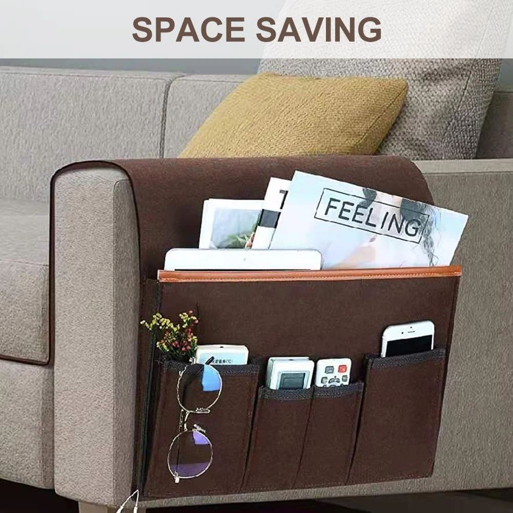 Sofa Armrest Organizer Non-Slip Bedside Armchair Caddy Storage Basket Bag Slip Resistant Couch Remote Control Holder Storage Bag for Cellphone,Tablet,Magazines,Glasses(Brown)