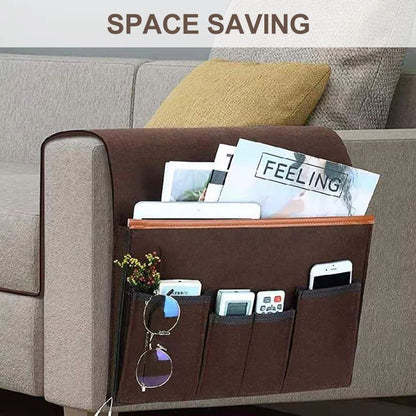 Sofa Armrest Organizer Non-Slip Bedside Armchair Caddy Storage Basket Bag Slip Resistant Couch Remote Control Holder Storage Bag for Cellphone,Tablet,Magazines,Glasses(Brown)