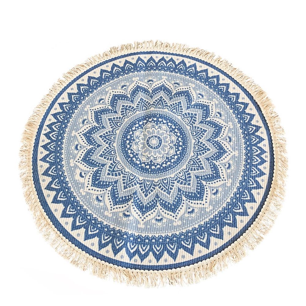 Bohemian countryside circular placemat, suitable for dining tables with tassels, 50cm, used for kitchen dining tables and coffee tables（blue）