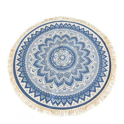 Bohemian countryside circular placemat, suitable for dining tables with tassels, 50cm, used for kitchen dining tables and coffee tables（blue）