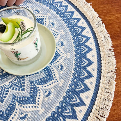Bohemian countryside circular placemat, suitable for dining tables with tassels, 50cm, used for kitchen dining tables and coffee tables（blue）