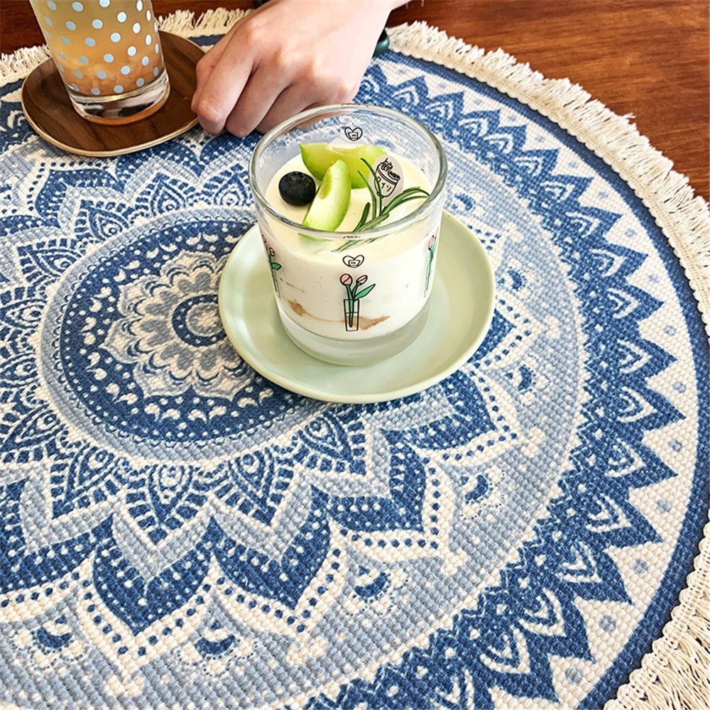 Bohemian countryside circular placemat, suitable for dining tables with tassels, 50cm, used for kitchen dining tables and coffee tables（blue）