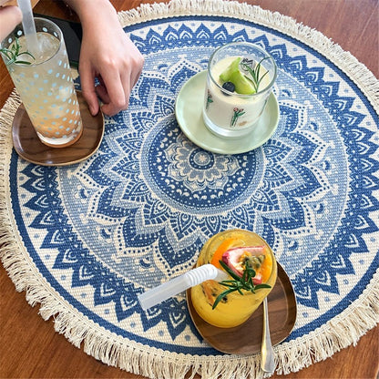 Bohemian countryside circular placemat, suitable for dining tables with tassels, 50cm, used for kitchen dining tables and coffee tables（blue）