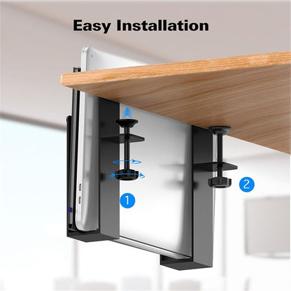 Adjustable Side Laptop Mount, No Drill Desk Storage Organizer,  Stainless steel Hanging Notebooks Holder, Punch-Free Clamp , Documents With Anti-Scratch Silicone (BLACK)
